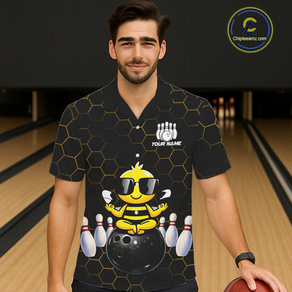 Black and Gold Funny Bee Bowling Hawaiian Shirt Custom Team Bowling Button-up shirt, Gift For Bowlers NQS11582
