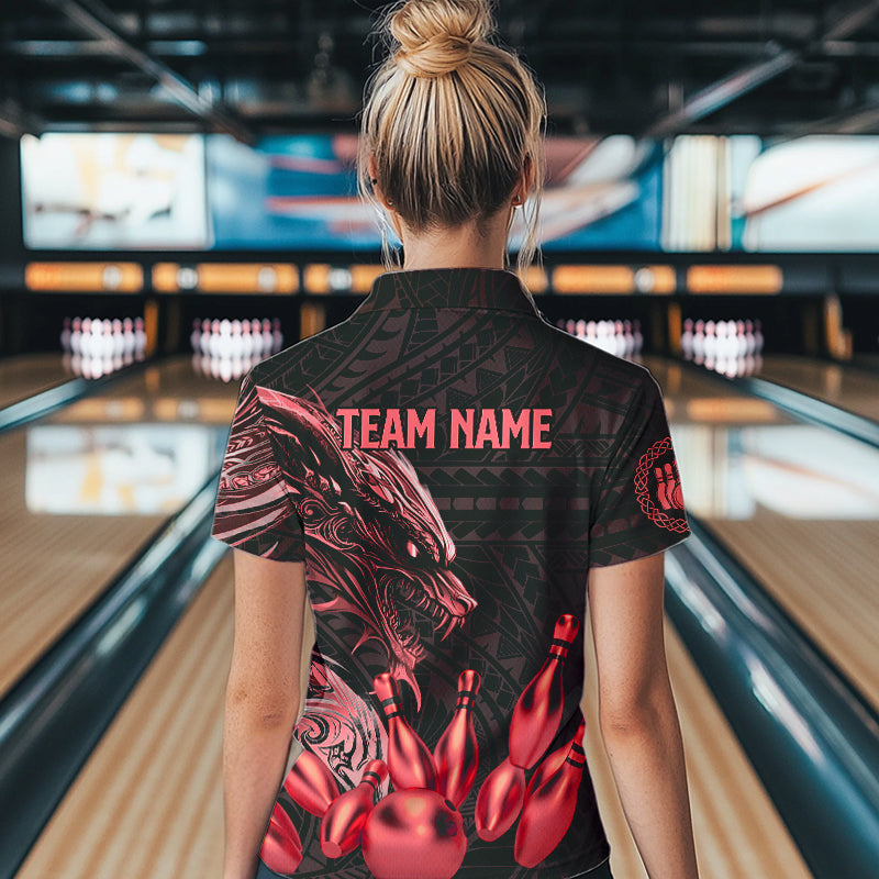 Black and Red Dragon Tribal Bowling Polo, 1/4 Zip Shirts For Women Custom Retro Bowling Team Jerseys NQS9629
