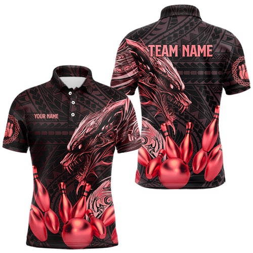 Black and Red Dragon Tribal Bowling Polo, 1/4 Zip Shirts For Men Custom Retro Bowling Team Jerseys NQS9629