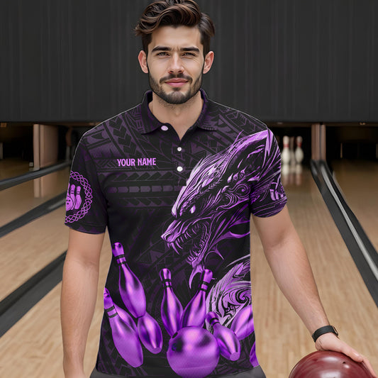 Black and Purple Dragon Tribal Bowling Polo, 1/4 Zip Shirts For Men Custom Retro Bowling Team Jerseys NQS9630