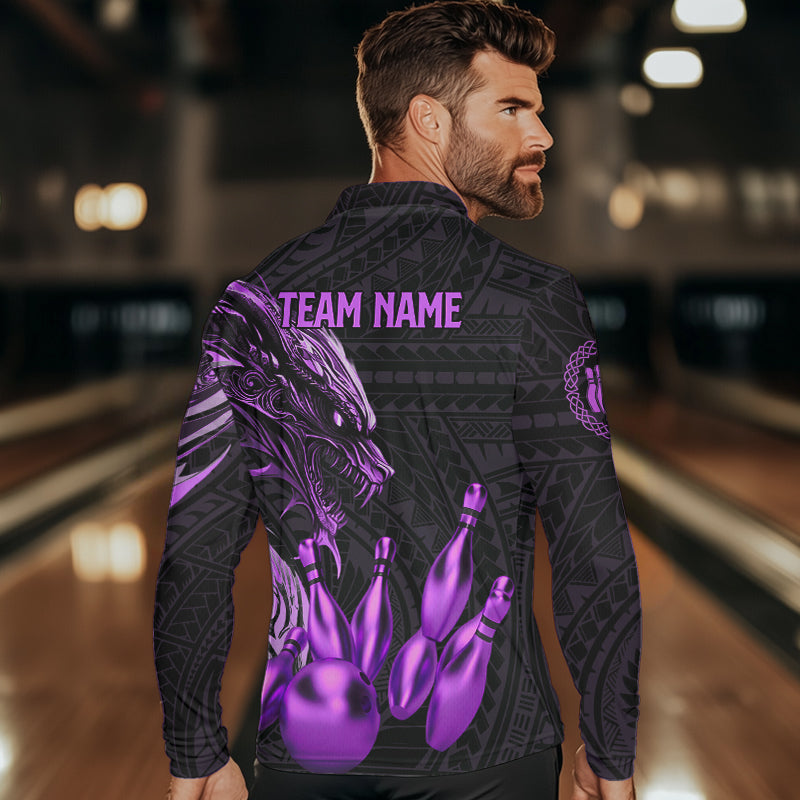 Black and Purple Dragon Tribal Bowling Polo, 1/4 Zip Shirts For Men Custom Retro Bowling Team Jerseys NQS9630