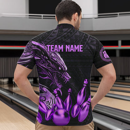 Black and Purple Dragon Tribal Bowling Polo, 1/4 Zip Shirts For Men Custom Retro Bowling Team Jerseys NQS9630