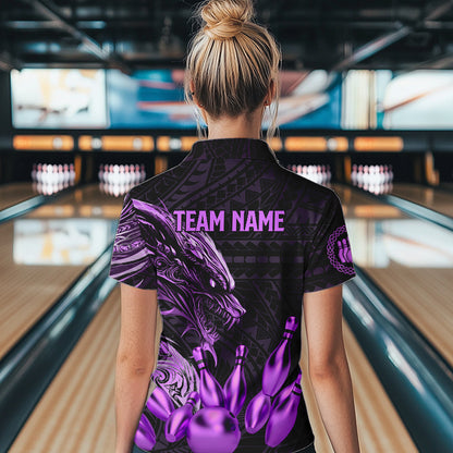 Black and Purple Dragon Tribal Bowling Polo, 1/4 Zip Shirts For Women Custom Retro Bowling Team Jersey NQS9630