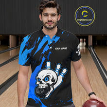 Load image into Gallery viewer, Black and Blue Skull Bowling Shirts for Men Custom Team bowling jersey, gift for bowlers NQS11708