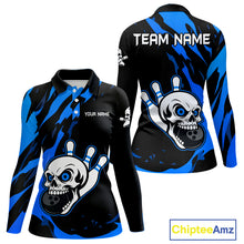 Load image into Gallery viewer, Black and Blue Skull Bowling Shirts for Women Custom Team bowling jersey, gift for bowlers NQS11708