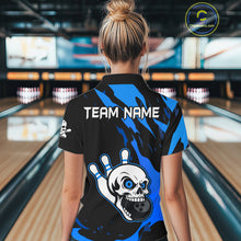 Load image into Gallery viewer, Black and Blue Skull Bowling Shirts for Women Custom Team bowling jersey, gift for bowlers NQS11708