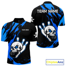 Load image into Gallery viewer, Black and Blue Skull Bowling Shirts for Men Custom Team bowling jersey, gift for bowlers NQS11708