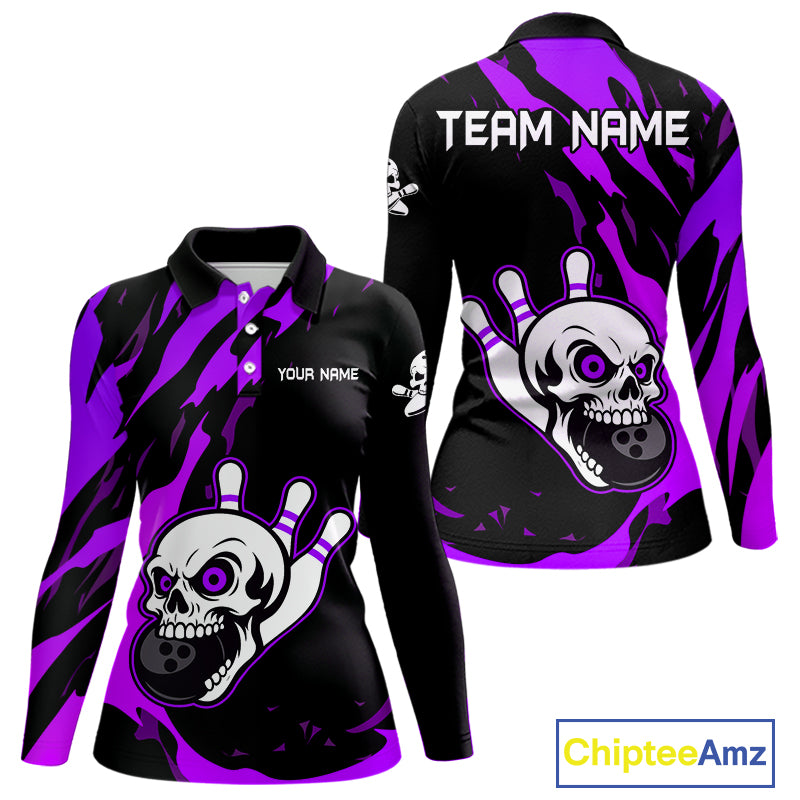 Black and Purple Skull Bowling Shirts for Women Custom Team bowling jersey, gift for bowlers NQS11710