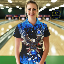 Load image into Gallery viewer, Blue flame Women bowling polo shirts Custom American flag Eagle Team bowling shirt, gift for bowlers NQS7403