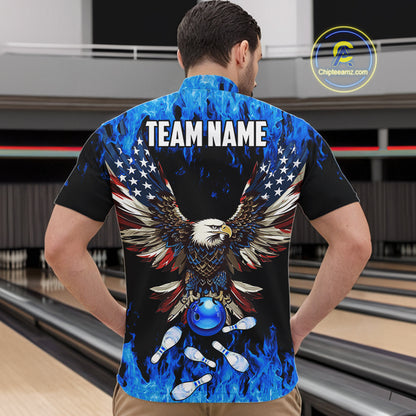 Blue flame Men's bowling Quarter Zip shirts Custom American flag Eagle Team bowling shirt, bowler gift NQS7403