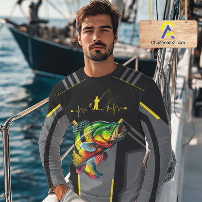 Personalized Black Peacock Bass Fishing jersey, Team Bass Fishing Long Sleeve tournament shirt| Yellow NQS9823