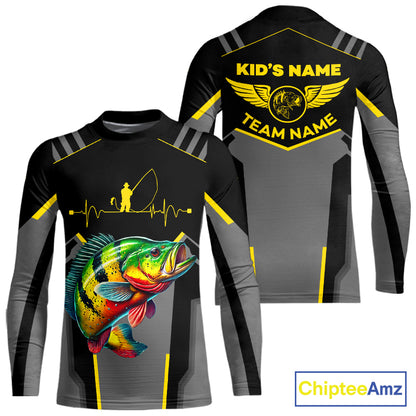 Personalized Black Peacock Bass Fishing jersey, Team Bass Fishing Long Sleeve tournament shirt| Yellow NQS9823