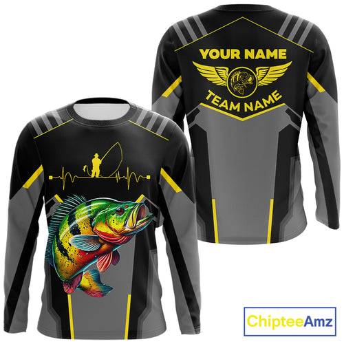 Personalized Black Peacock Bass Fishing jersey, Team Bass Fishing Long Sleeve tournament shirt| Yellow NQS9823