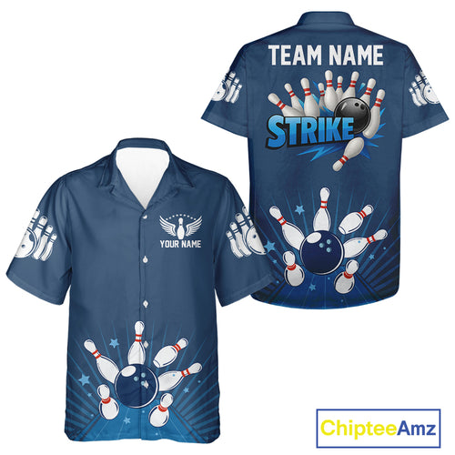 Strike Bowling Hawaiian shirt Custom Bowling Team Button Up shirts Bowlers Outfit | Blue NQS9926
