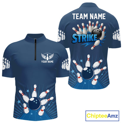 Strike Bowling Polo, Quarter-Zip Shirts For Men Custom Bowling Team Jerseys Bowlers Outfit | Blue NQS9926