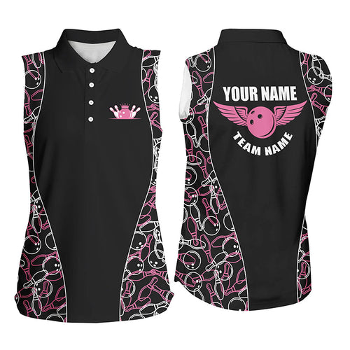 Black and pink Bowling pattern sleeveless polo Shirts For Women, Personalized Bowling Team Jerseys NQS7724
