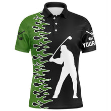 Load image into Gallery viewer, Black and Green Flame custom Mens golf polo shirts, golf outfits men gifts for golf lovers NQS7732
