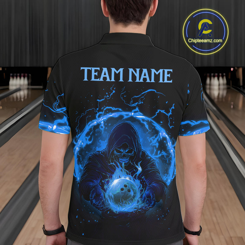 Mens bowling polo, 1/4 zip shirts Custom blue flame skull bowling team jerseys, gift for Bowlers NQS10056