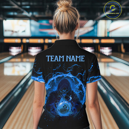 Women bowling polo, 1/4 zip shirts Custom blue flame skull bowling team jerseys, gift for Bowlers NQS10056