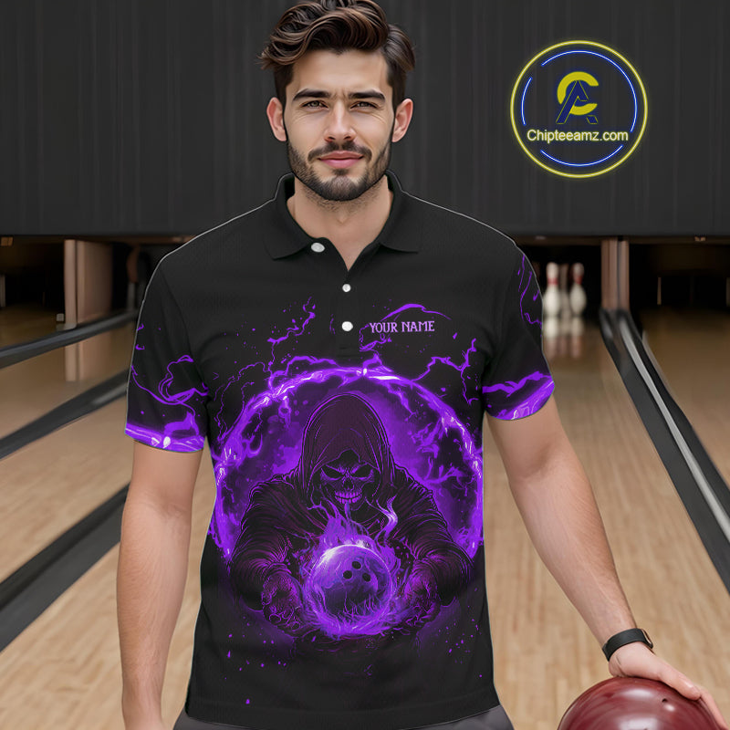 Mens bowling polo, 1/4 zip shirts Custom purple flame skull bowling team jerseys, gift for Bowlers NQS10057