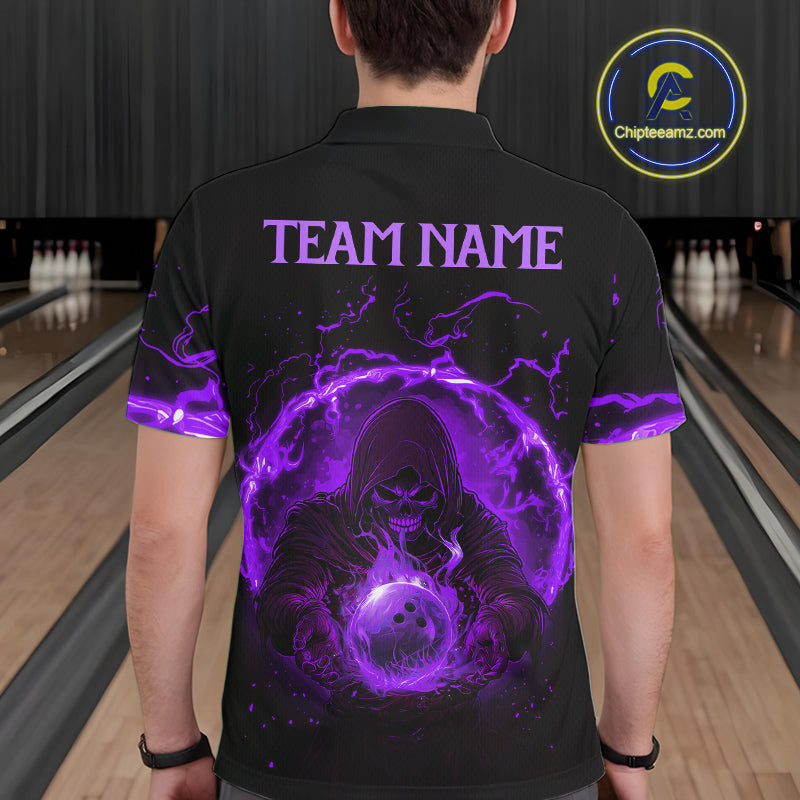 Mens bowling polo, 1/4 zip shirts Custom purple flame skull bowling team jerseys, gift for Bowlers NQS10057