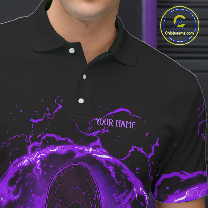 Mens bowling polo, 1/4 zip shirts Custom purple flame skull bowling team jerseys, gift for Bowlers NQS10057