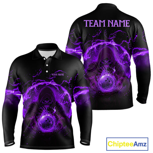 Mens bowling polo, 1/4 zip shirts Custom purple flame skull bowling team jerseys, gift for Bowlers NQS10057