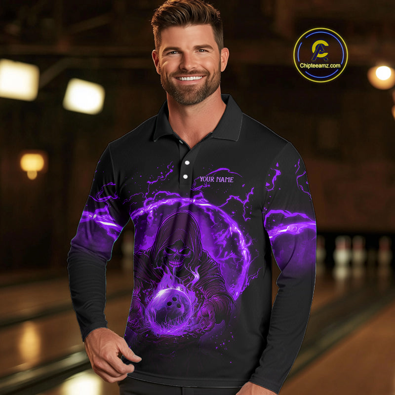 Mens bowling polo, 1/4 zip shirts Custom purple flame skull bowling team jerseys, gift for Bowlers NQS10057