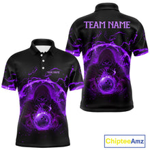 Load image into Gallery viewer, Mens bowling polo, 1/4 zip shirts Custom purple flame skull bowling team jerseys, gift for Bowlers NQS10057