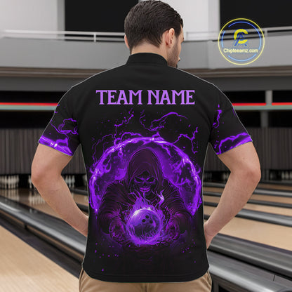 Mens bowling polo, 1/4 zip shirts Custom purple flame skull bowling team jerseys, gift for Bowlers NQS10057