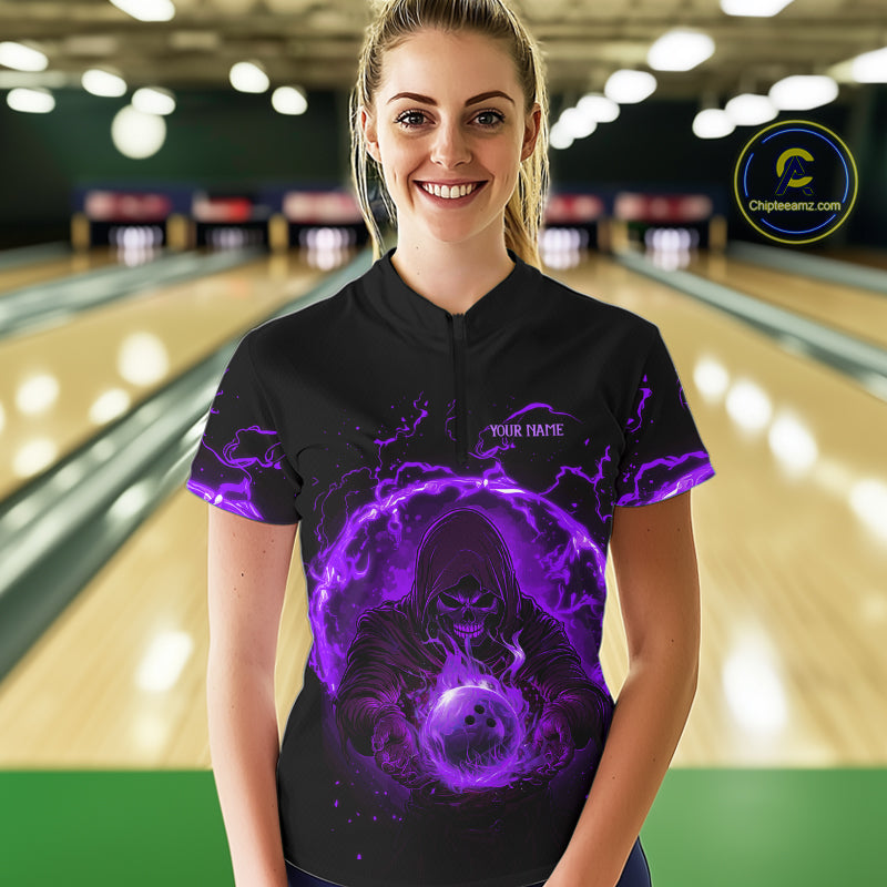 Women bowling polo, 1/4 zip shirts Custom purple flame skull bowling team jerseys, gift for Bowlers NQS10057
