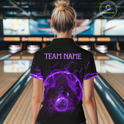 Women bowling polo, 1/4 zip shirts Custom purple flame skull bowling team jerseys, gift for Bowlers NQS10057