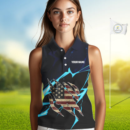 Vintage American Flag blue lightning Women Sleeveless polos Custom patriotic Golf outfit For ladies NQS10059