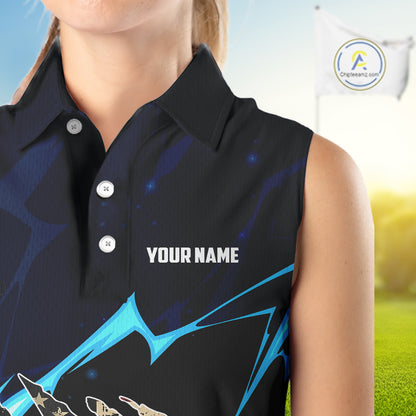 Vintage American Flag blue lightning Women Sleeveless polos Custom patriotic Golf outfit For ladies NQS10059