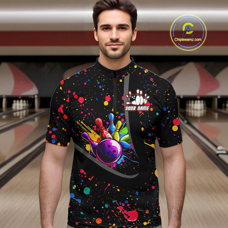 Colorful bowling jerseys Bowling Polo, 1/4 Zip Shirt for Men Custom Bowling Team shirts for bowlers NQS10363