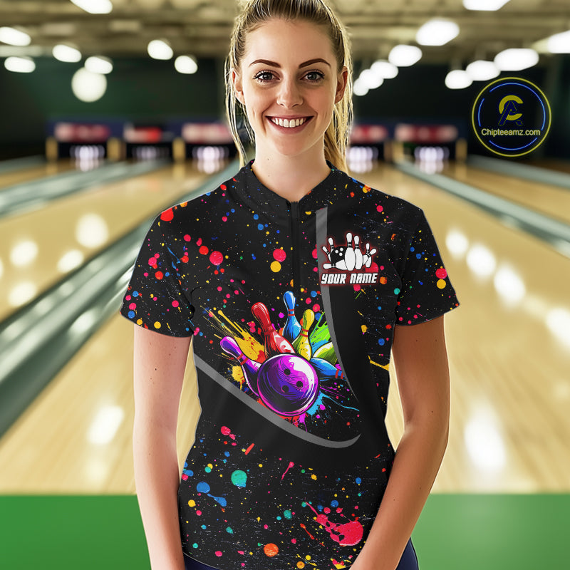 Colorful bowling jerseys Bowling Polo, 1/4 Zip Shirt for Women Custom Bowling Team shirts for bowlers NQS10363