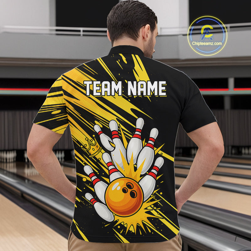 Black and Yellow Bowling Polo, 1/4 Zip Shirt for Men Custom Bowling Team shirts for bowlers NQS10365