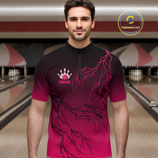 Black and Pink gradient Lightning thunder storm Bowling shirts for Men Custom Bowling Team Jerseys NQS11170