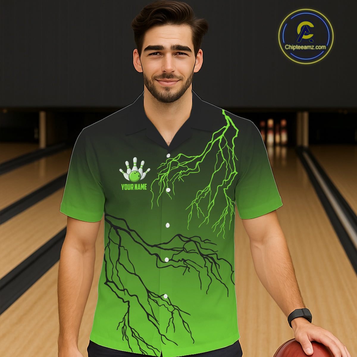 Black and Green gradient storm Lightning thunder Bowling Hawaiian shirts Custom Bowling Team Jerseys NQS11171