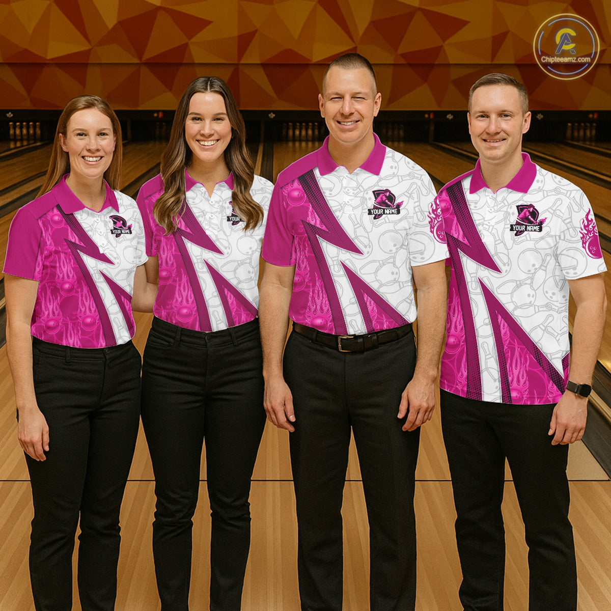 Custom Bowling Polo, Quarter Zip Shirt For Men Pink flame camo Bowling shirts, Bowling Team jerseys NQS11585