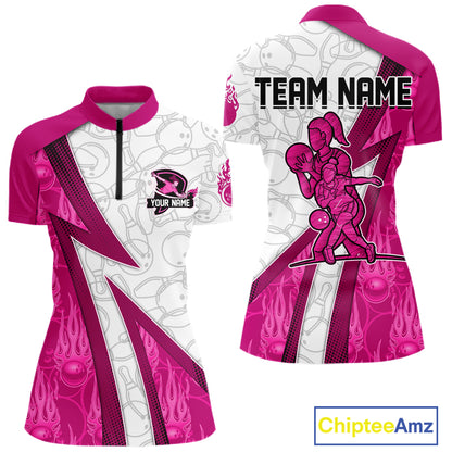 Custom Bowling Polo, Quarter Zip Shirt For Women Pink flame camo Bowling shirts, Bowling Team jerseys NQS11585