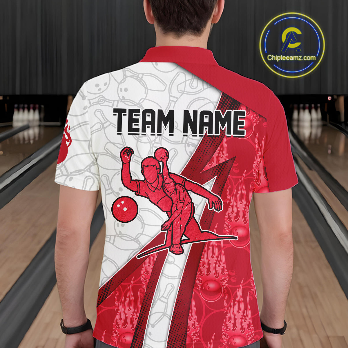 Custom Bowling Polo, Quarter Zip Shirt For Men Red flame camo Bowling shirts, Bowling Team jerseys NQS11586
