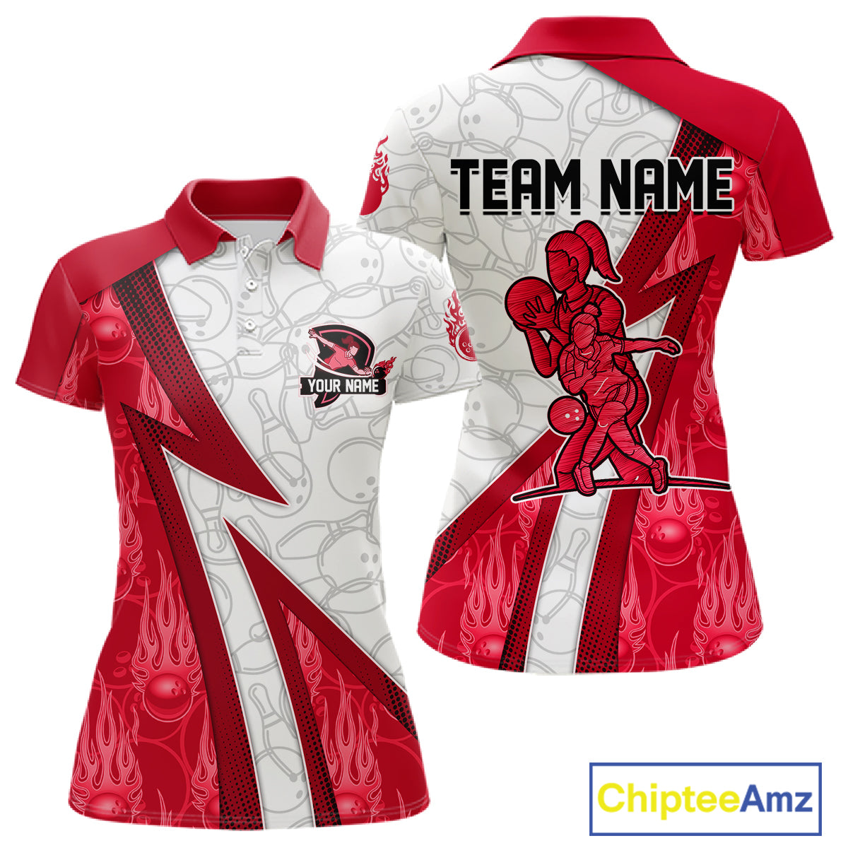 Custom Bowling Polo, Quarter Zip Shirt For Women Red flame camo Bowling shirts, Bowling Team jerseys NQS11586