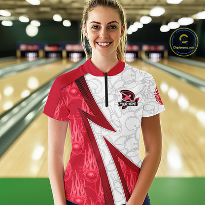 Custom Bowling Polo, Quarter Zip Shirt For Women Red flame camo Bowling shirts, Bowling Team jerseys NQS11586