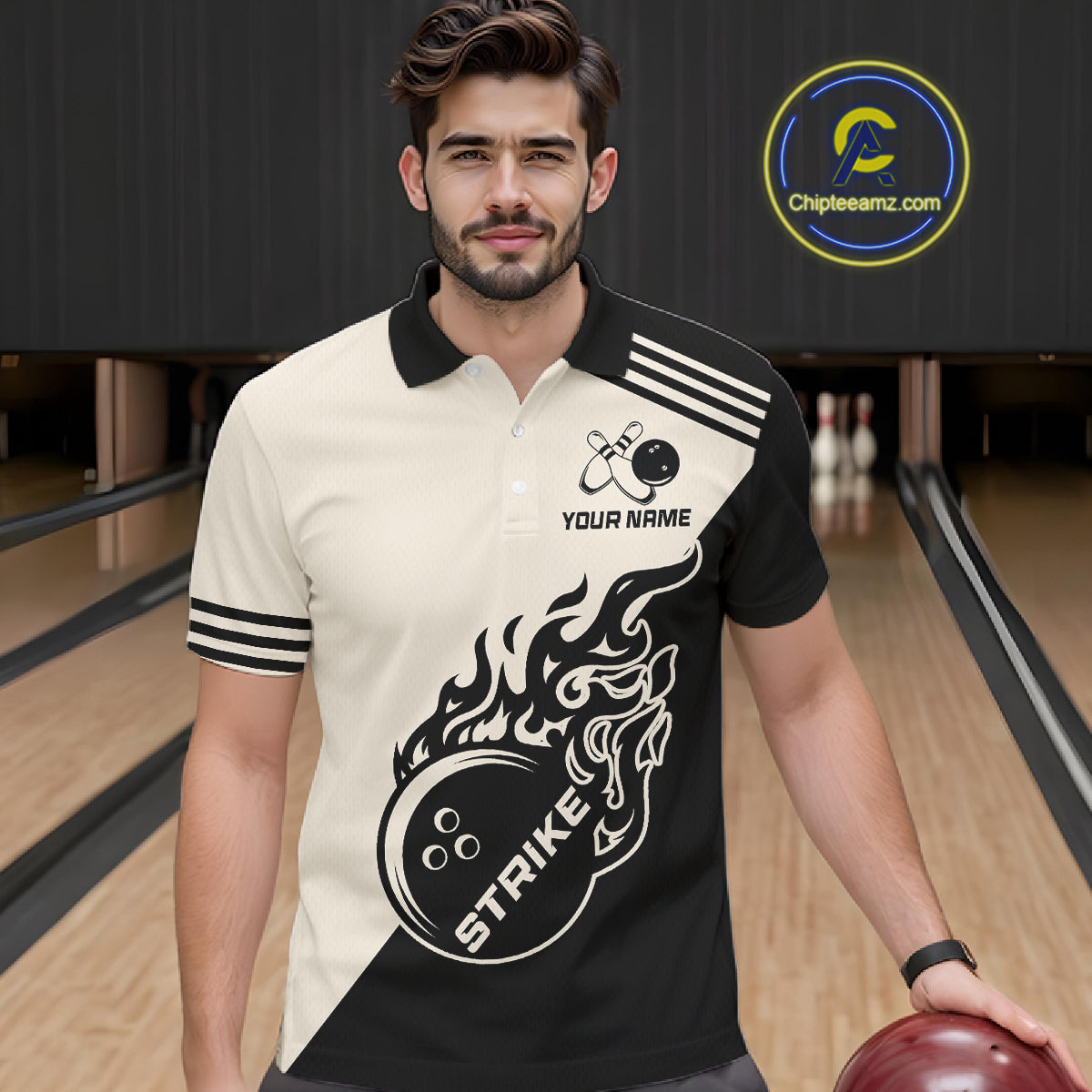 Custom Retro Beige and Black Flame Bowling Shirts For Men, Vintage Team Bowling League jerseys NQS11590