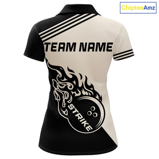 Custom Retro Beige and Black Flame Bowling Shirts For Women, Vintage Team Bowling League jerseys NQS11590