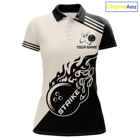 Custom Retro Beige and Black Flame Bowling Shirts For Women, Vintage Team Bowling League jerseys NQS11590
