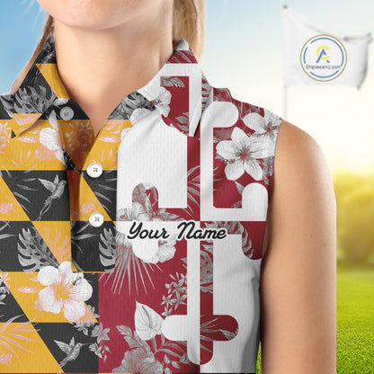 Maryland Flag tropical flower pattern Women Sleeveless polo shirt Custom ladies patriotic golf shirts NQS10064