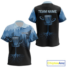 Load image into Gallery viewer, Black and Blue forest camo Kid Disc golf polo shirts Custom team disc golf wear, disc golf outfit NQS10065