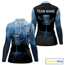 Load image into Gallery viewer, Black and Blue forest camo Womens Disc golf polo shirts Custom team ladies disc golf wear outfit NQS10065